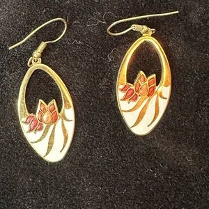 Vintage Gold and White Cloisonne Enamel Pierced Earrings